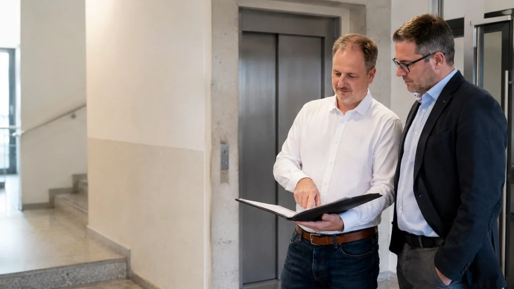 Zwei Männer besprechen Unterlagen vor einer Aufzugstür in einem Gebäudeflur